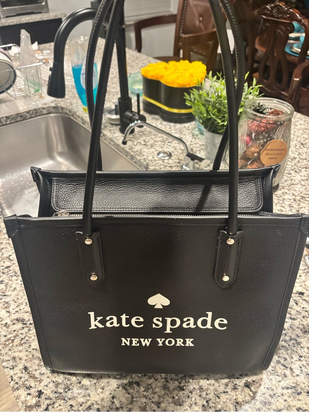 kate spade Black Leather Logo Tote with White Script